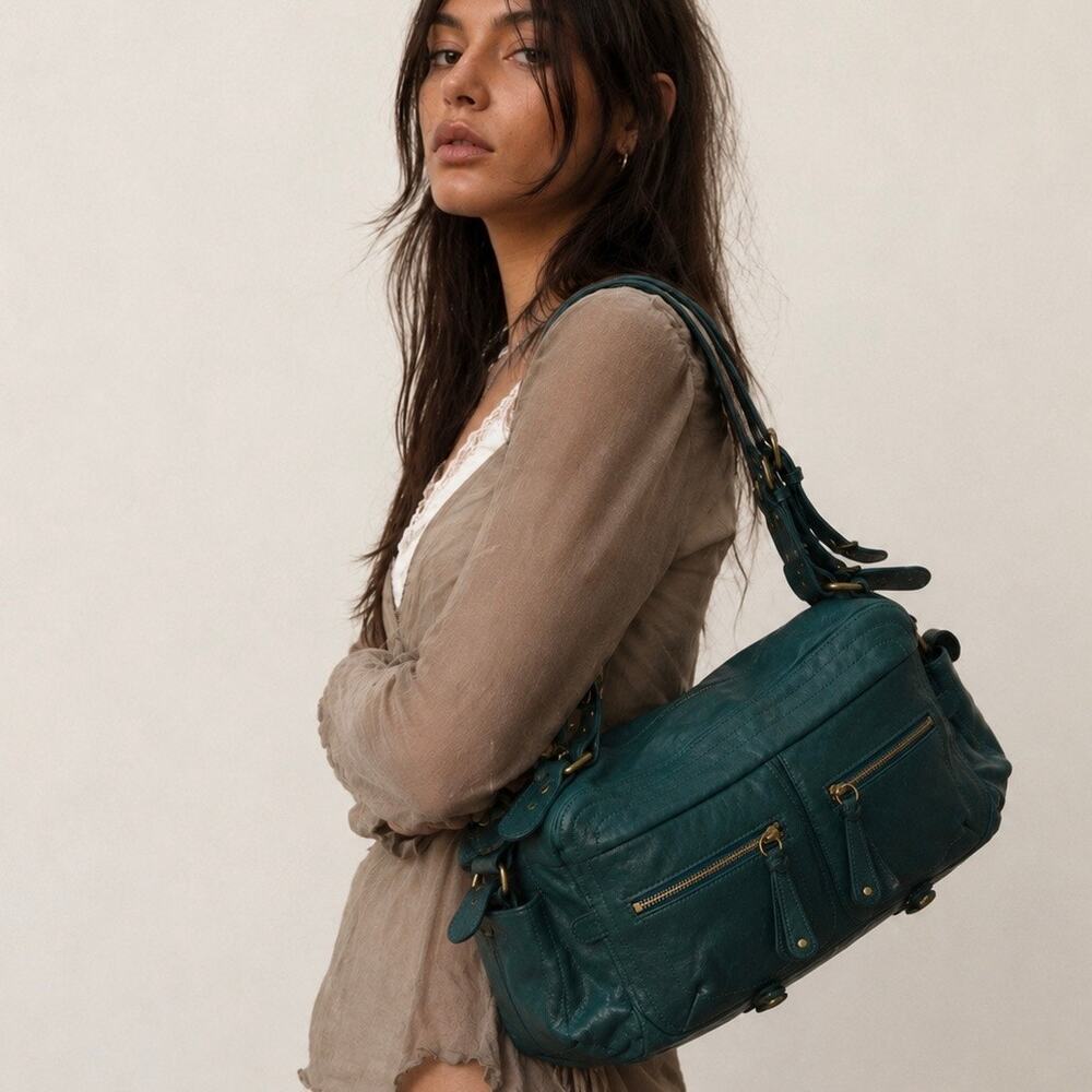 Sorial NY Teal Green  Leather Slouchy Cargo Satchel Boho Y2K Emerson Style Bag